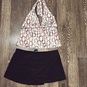 Ann Cole Red, Gray, Black Tankini Halter Swim Top with Black Swim Skirt size 12